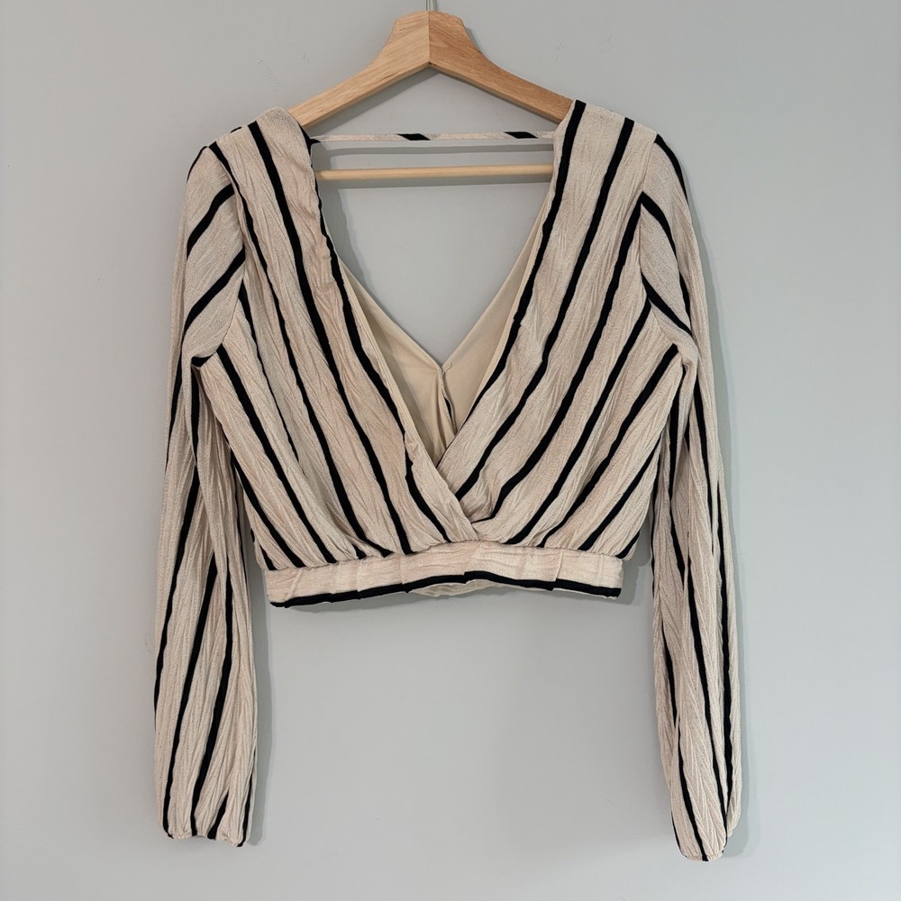 SAGE The Label Made in USA Striped Black Cream Cropped Top Women's Size M - Picture 3 of 6